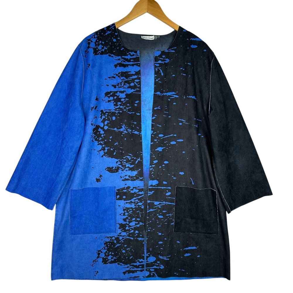 Lemon Grass Womens Large Abstract Art Jacket Blue Black Faux Suede Open Front